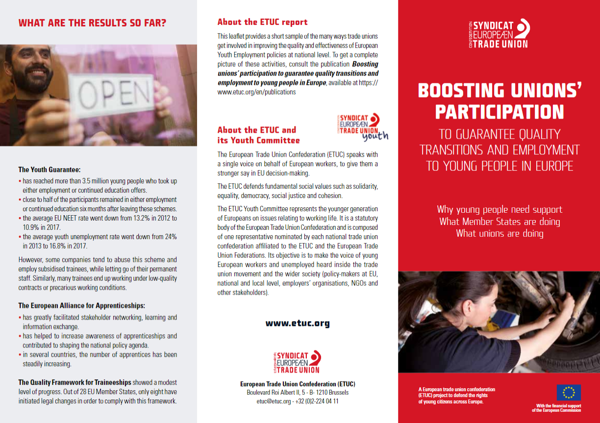 Cover of the leaflet "Boosting unions’ participation to guarantee quality transitions and employment to young people in Europe"